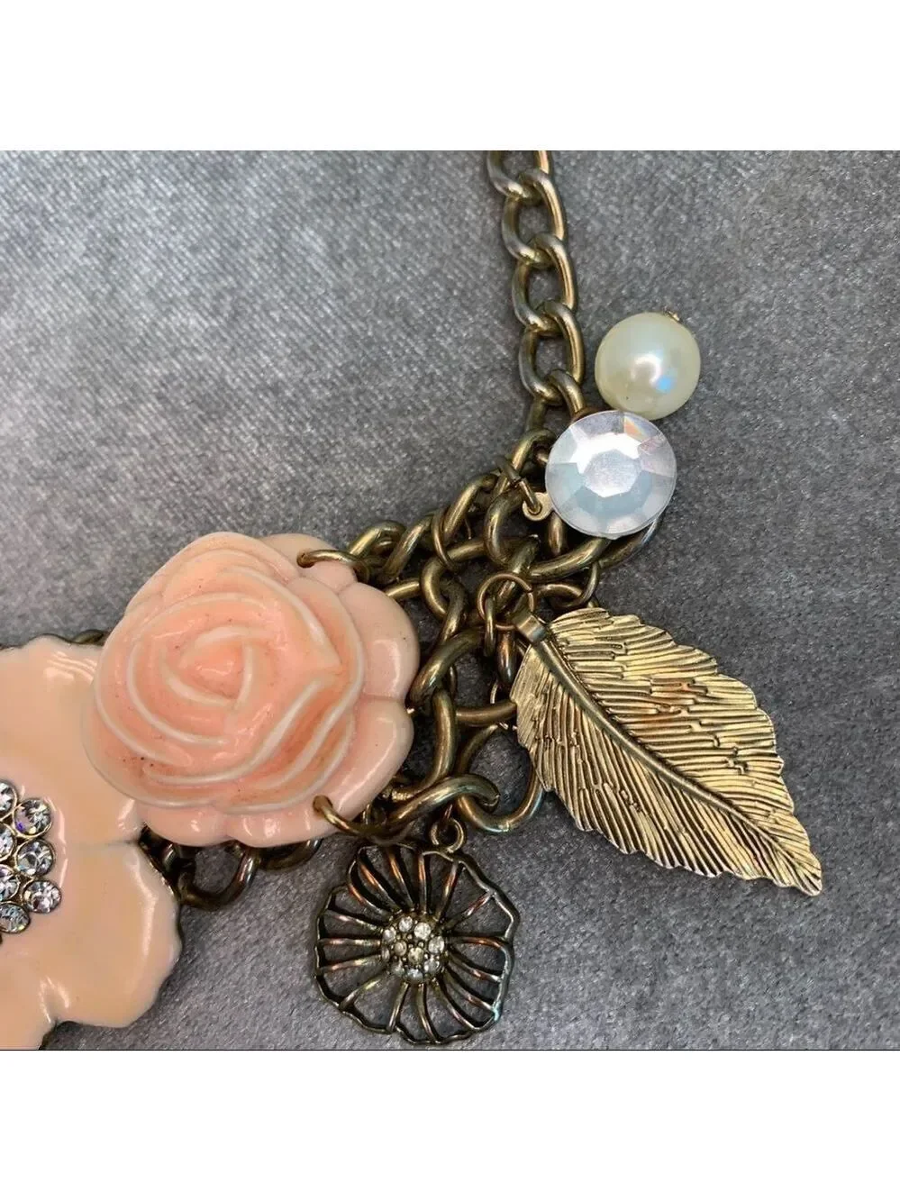 PEACH pink cream floral flower faux pearl leaf chunky statement necklace prom - Picture 8 of 10